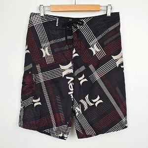 Hurley Men's Black Red White Plaid Swim Board Shorts Logo‎ Graphic Size 32